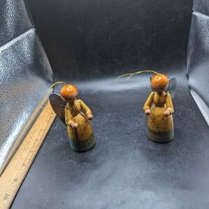 Vintage Set Of 2 Wooden Angel Ornaments
